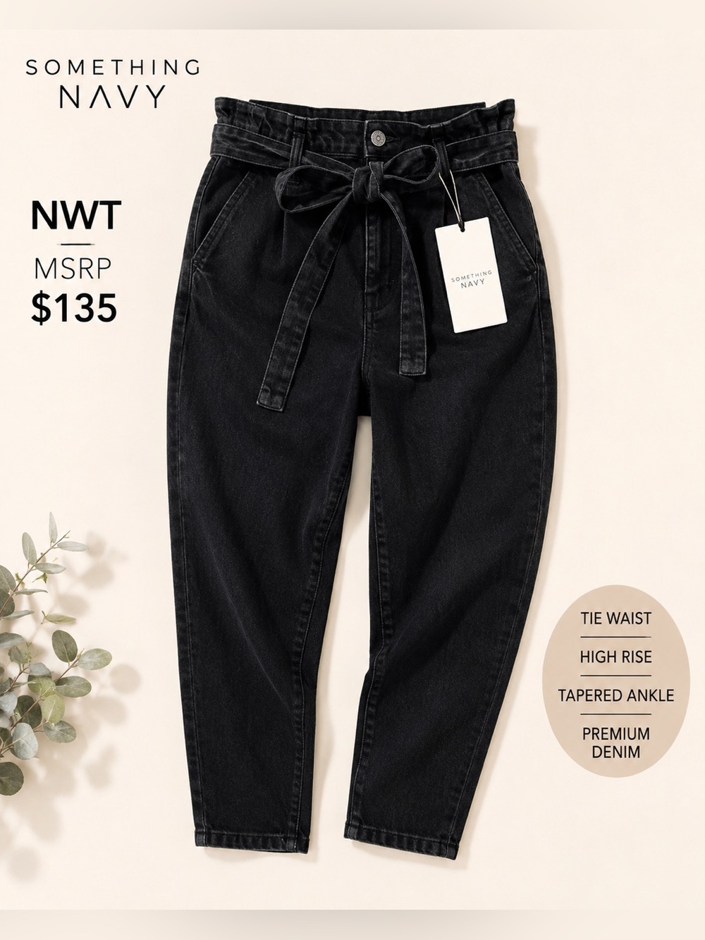NWT Something Navy June Tie Waist High Rise Denim Jeans Paperbag Tapered Ankle